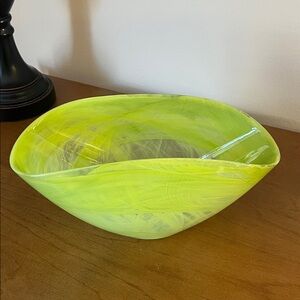 Vintage Oval Pinched Sides Chartreuse Art Glass Bowl with White Opaque Swirls
